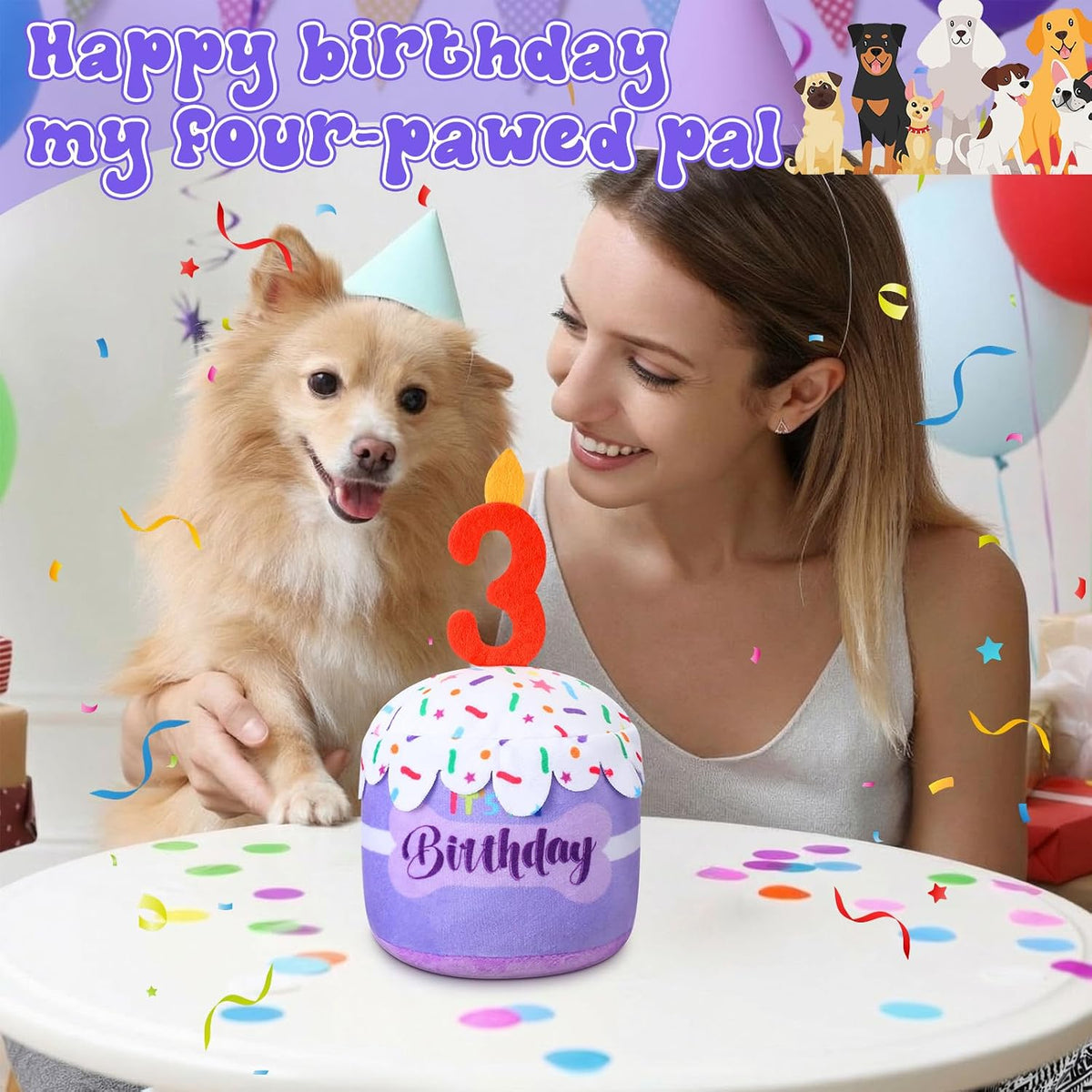 Dansydaisy Dog Birthday Cake Toy Squeaky Plush Gift,3rd,Purple | Interactive Squeaky Gift for Dogs, Dog Birthday Decor , Soft Chew for Small Medium Large Pets, Cake Design with Candle