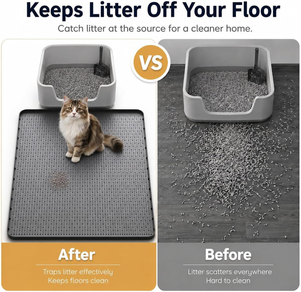 Cat Litter Mat 40"x28", Silicone Waterproof Litter Box Mat, Non-Slip Litter Trapping Mat for Cats, Easy Clean Foldable, Dark Gray