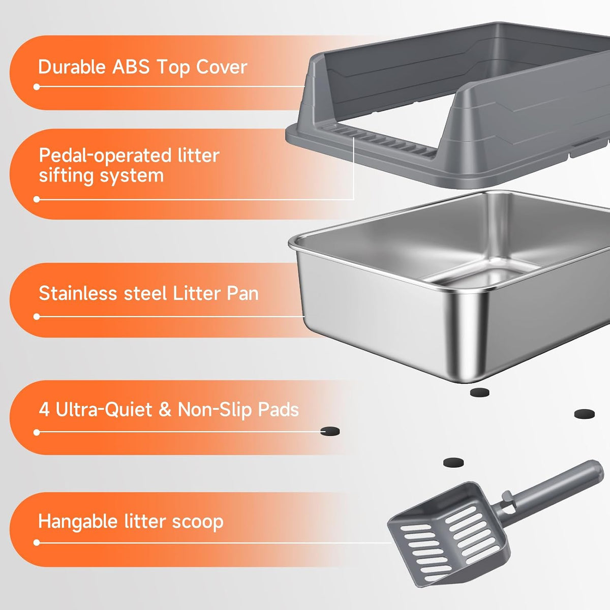 Stainless Steel Cat Litter Box Low Entry Litter Pan Include Scoop | Odor Free Metal High Sides Lid Open Top Easy Cleaning Anti-Scratc Anti-Urine Leakage Non-Sticky