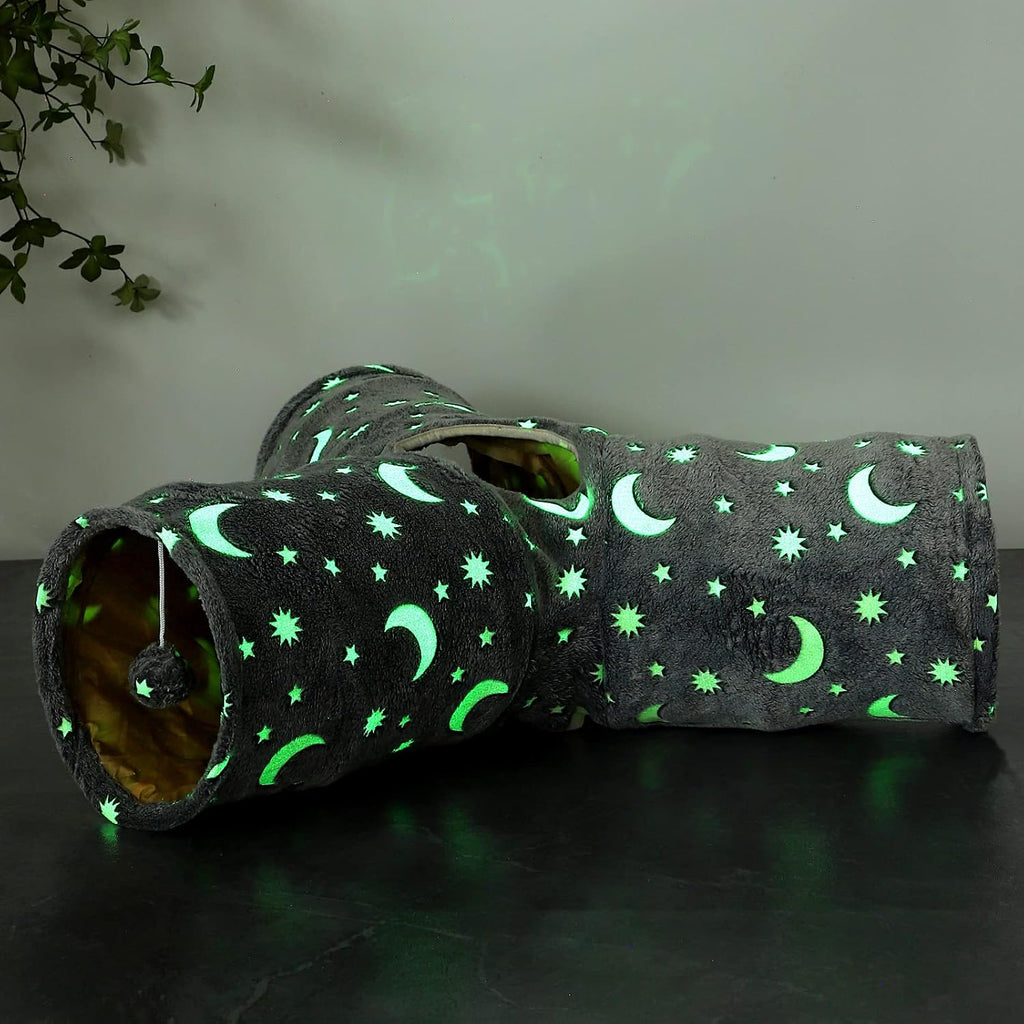 Cat Tube Tunnel with Plush Ball Toys Collapsible Self-Luminous, for Cat Small Pets Bunny Rabbits, Kittens, Ferrets,Puppy and Dogs Grey Moon Star 3 Way