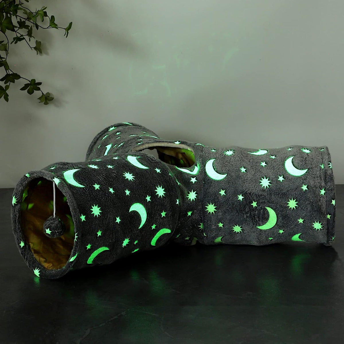 Cat Tube Tunnel with Plush Ball Toys Collapsible Self-Luminous, for Cat Small Pets Bunny Rabbits, Kittens, Ferrets,Puppy and Dogs Grey Moon Star 3 Way