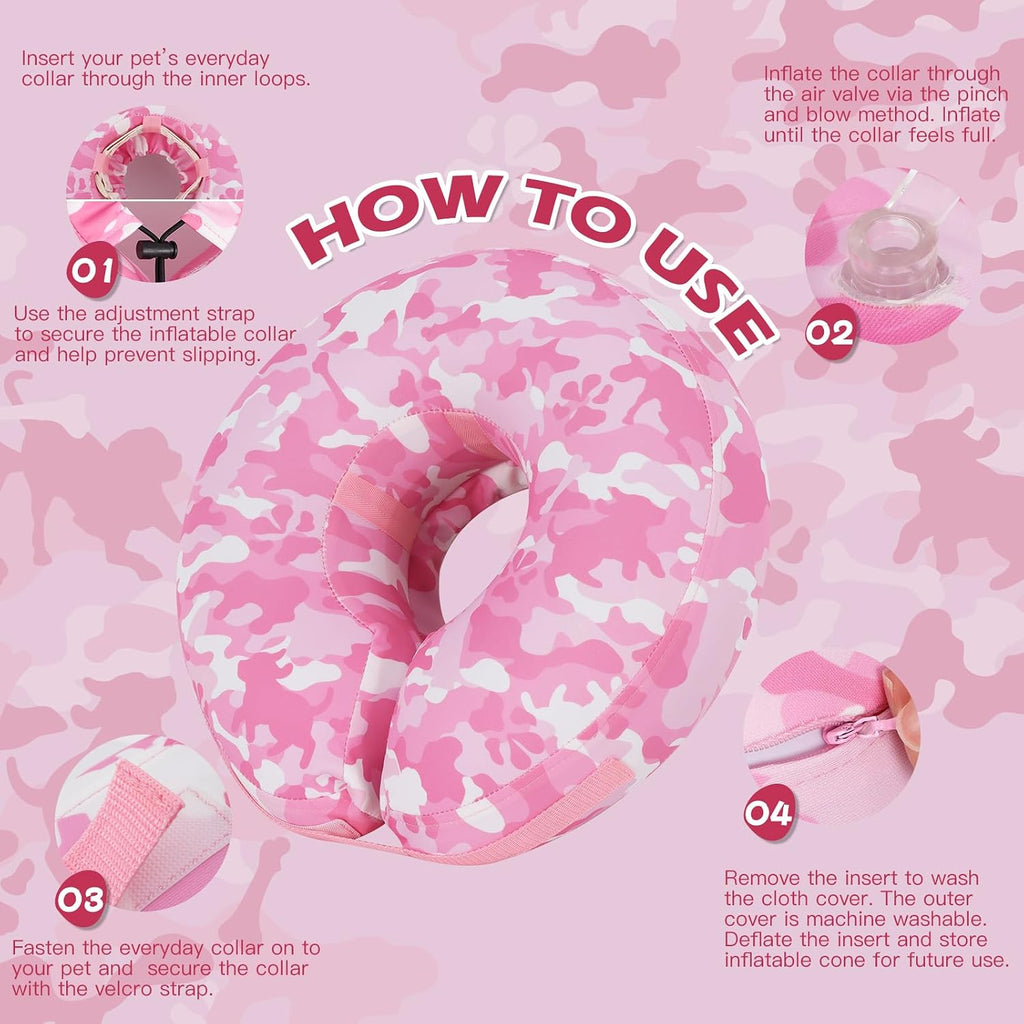 IEUUMLER Inflatable Recovery Dog Cone Collar, Neck Donut Protective ECollar, Adjustable Soft Collar for Dog and Cat After Surgery Prevent from Biting & Licking EU020 Pink Camo M