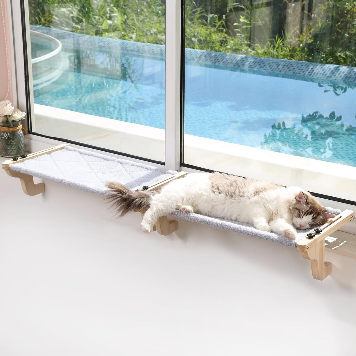 Zakkart 2-PC Easy Seat Cat Perch for Windowsill (Natural Wood/Gray, L)