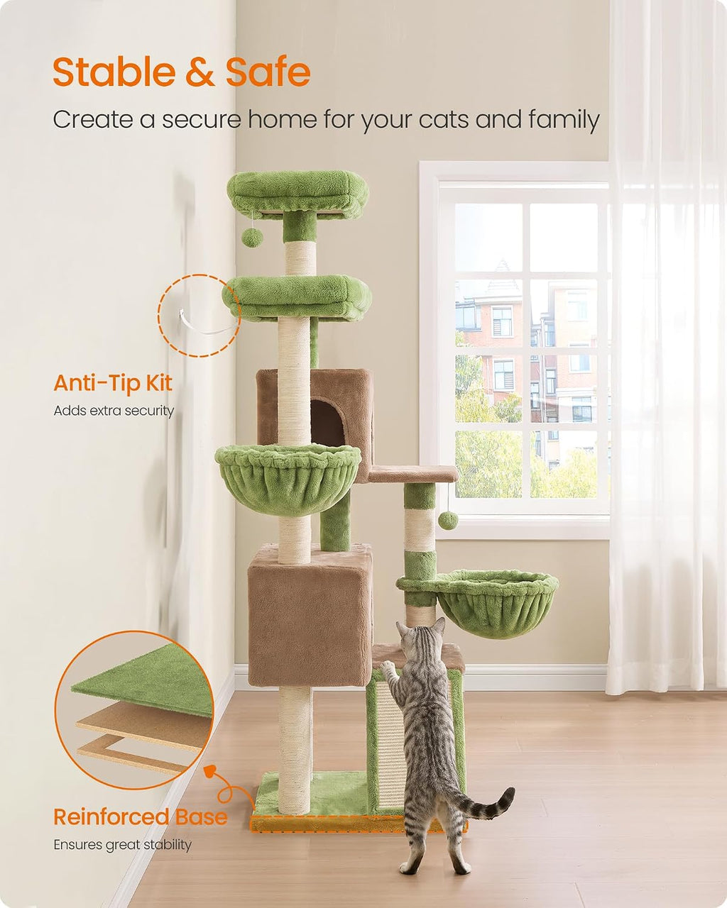 Feandrea Cat Tree, 68.5-in Tall Cat Tower, Multi-Level Condo, Green