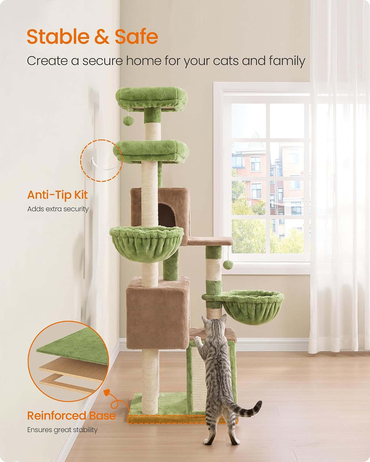 Feandrea Cat Tree, 68.5-in Tall Cat Tower, Multi-Level Condo, Green