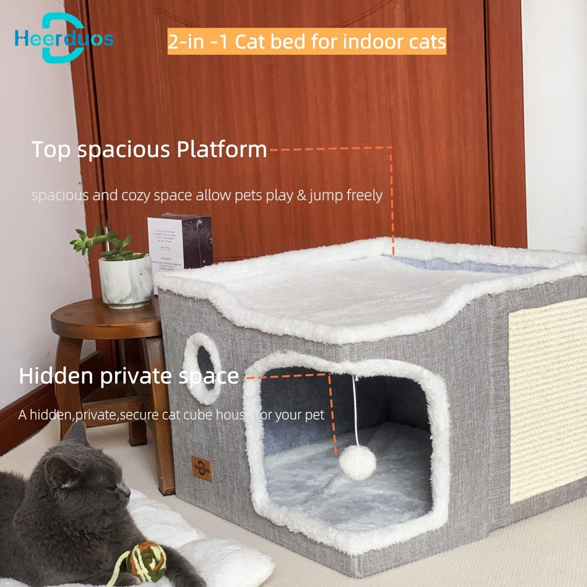 Cat House Bed for Indoor Cats with Fluffy Ball and Scratch Pad,Light Grey