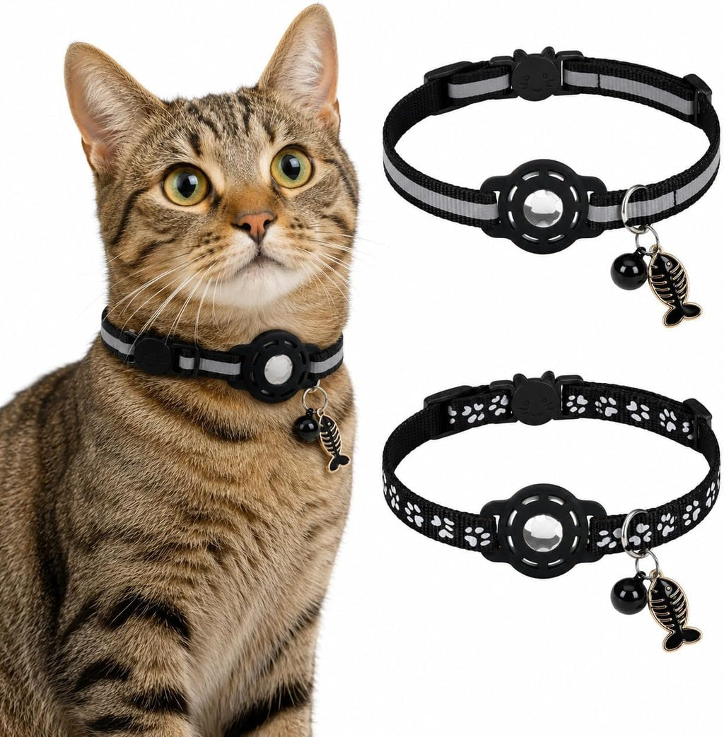 Cat Collar Breakaway 2packs, Reflective Kitten Collar with Apple Air Tag Holder and Bell for Girl Boy Cats, 0.4 Inches in Width and Lightweight (Black)
