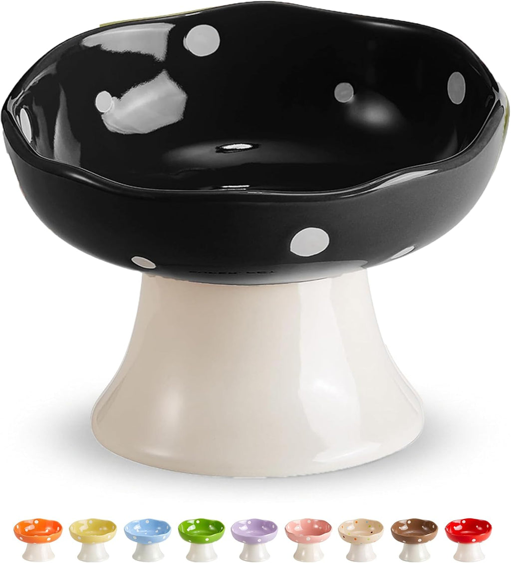 Black Mushroom Cat Bowl, Elevated Ceramic Bowl for Cats | Elevated, Ceramic, Whisker Friendly, Anti Vomitin,Cute Mushroom Design