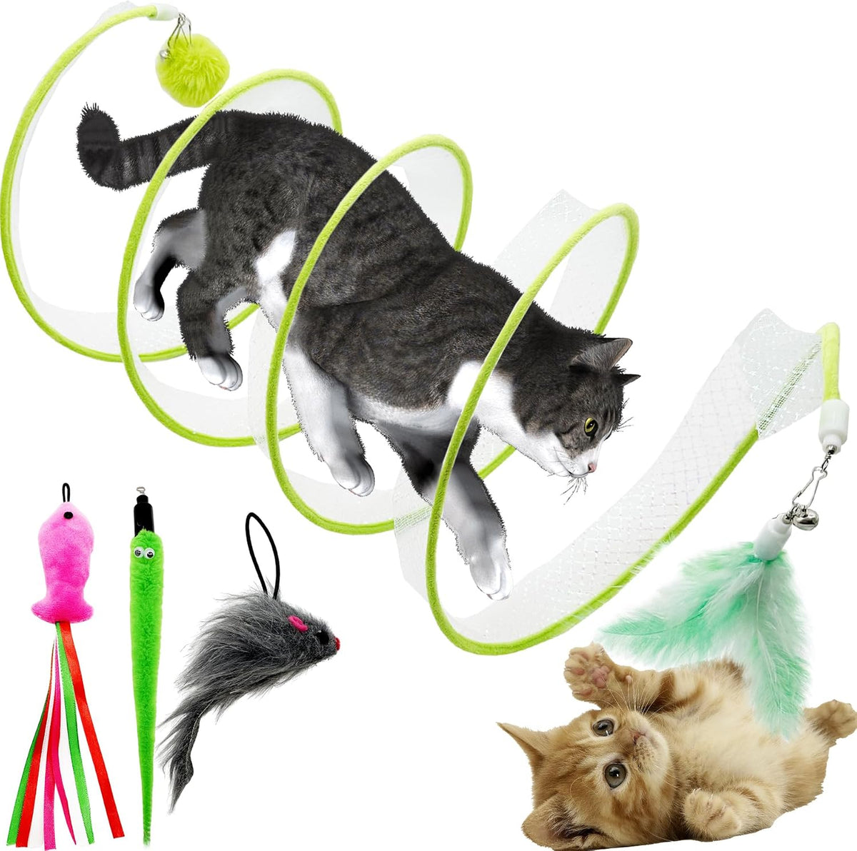 Self Play Cat Hunting Spiral Tunnel Toy, Folded Cat Spring Tunnel Toys for Indoor Cats (Green)