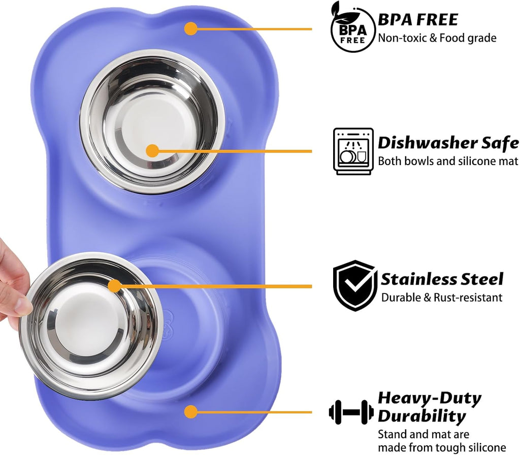 Hubulk Pet Dog Bowls 2 Stainless Steel Dog Bowl with No Spill Non-Skid Silicone Mat + Pet Food Scoop Water and Food Feeder Bowls for Feeding Small Medium Large Dogs Cats Puppies (Medium, Purple) 