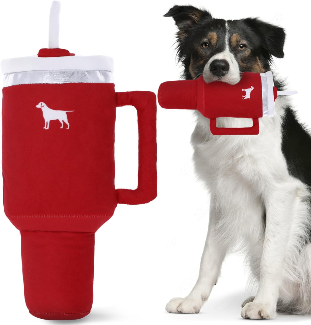 PUPROAR Pup Cup Tumbler Dog Toy, Cute Birthday Gift for Girl Dogs, Plush Squeaky Puppy Present for Small, Medium & Large Breeds (Ruby Red)