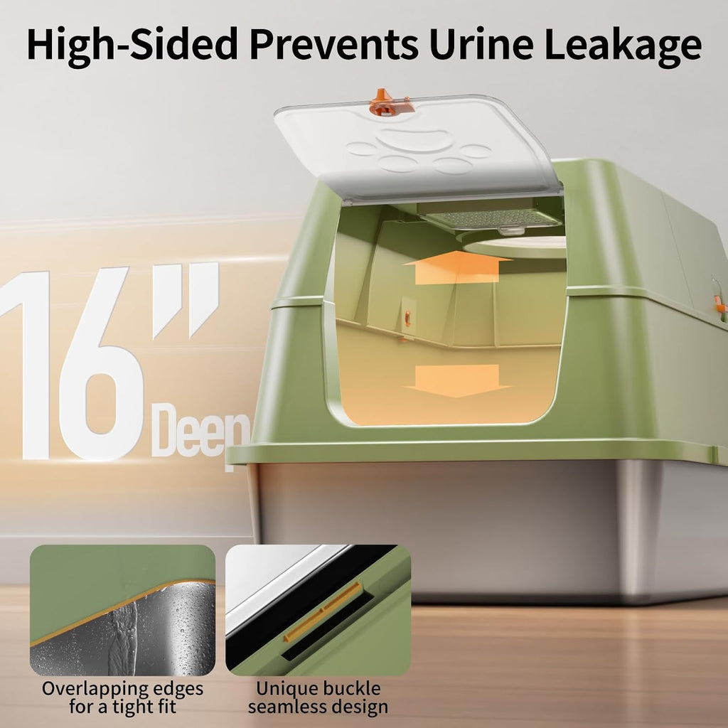 Stainless Steel Cat Litter Box with Lid, Flip-Top XL Large, Green