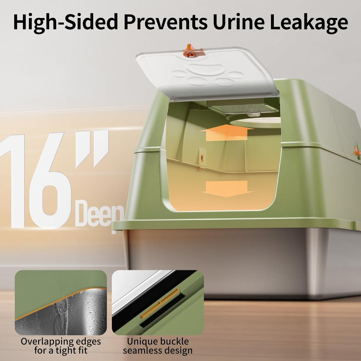 Stainless Steel Cat Litter Box with Lid, Flip-Top XL Large, Green