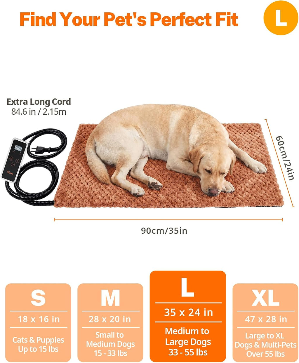 Toozey Dog Heating Pad, Heated Dog Bed, 6 Heat Settings, Timer, 35 x 24 in