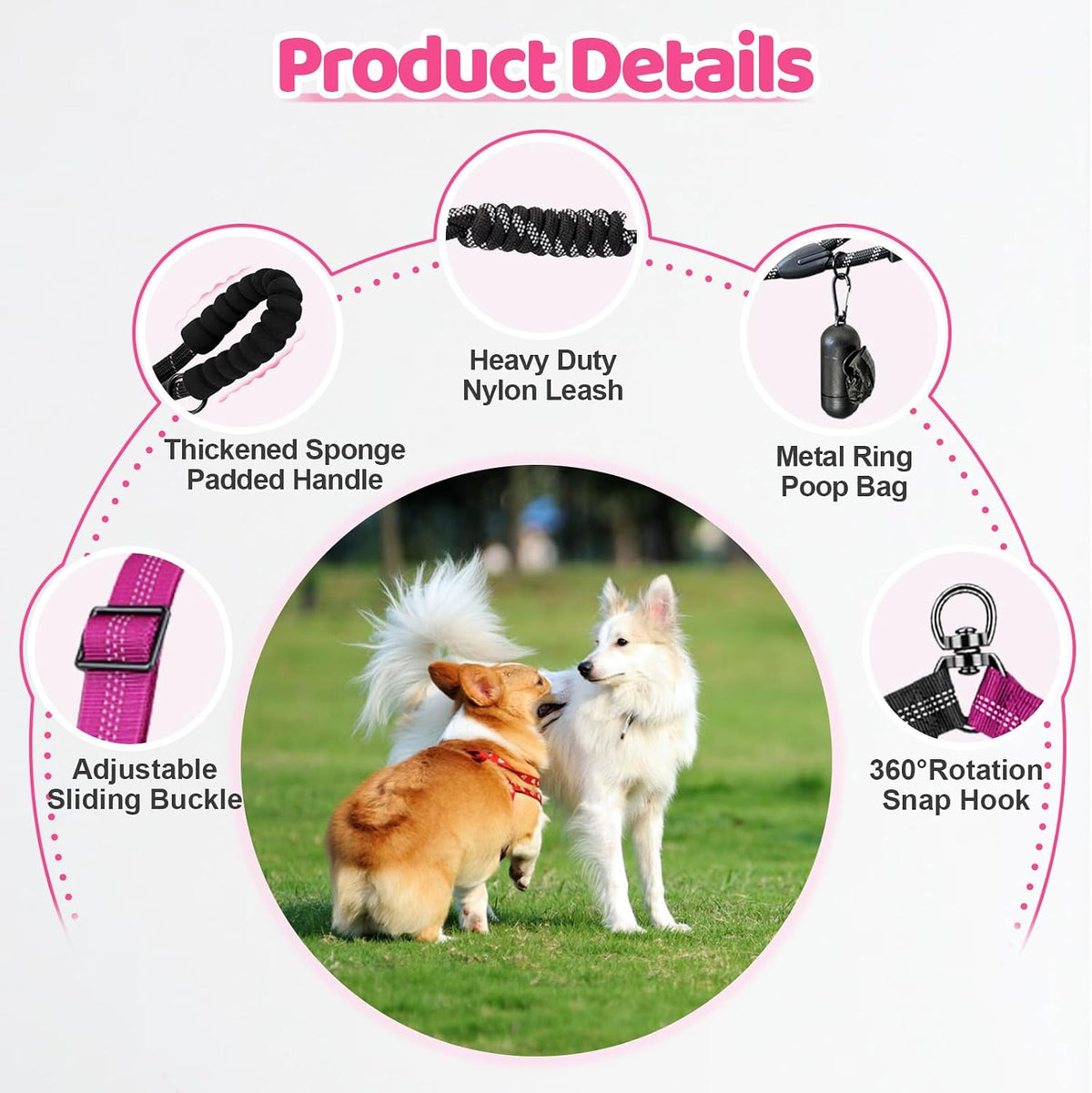 Double Dog Leash - 360°Swivel Tangle Free Splitter Attachment, 1 Rope with Handle, 2 Dogs Multi-Functional Leash, for Outdoor Walk Train Small Medium Large Two Pet, Fuchsia