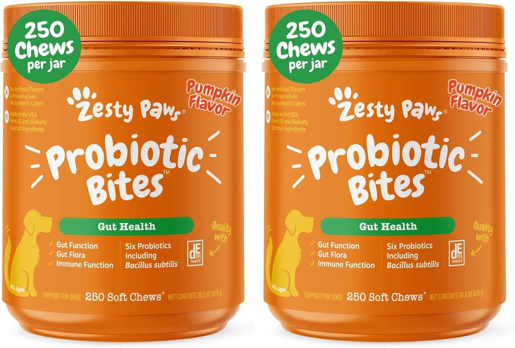 Zesty Paws Probiotics for Dogs, Digestive Enzymes Gut Flora, Digestive Health, Diarrhea & Bowel Support, DE111, Dog Probiotic Soft Chew for Pet Immune System, Pumpkin, 250 Ct (Pack of 2)