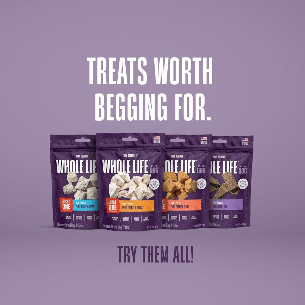 Whole Life Dog Just One Chicken Freeze Dried Dog Treats - Human Grade High Protein Food, Healthy Training Snacks, Freeze Dried Food Toppers, USA Made Natural Treats - 21 oz (Pack of 4)
