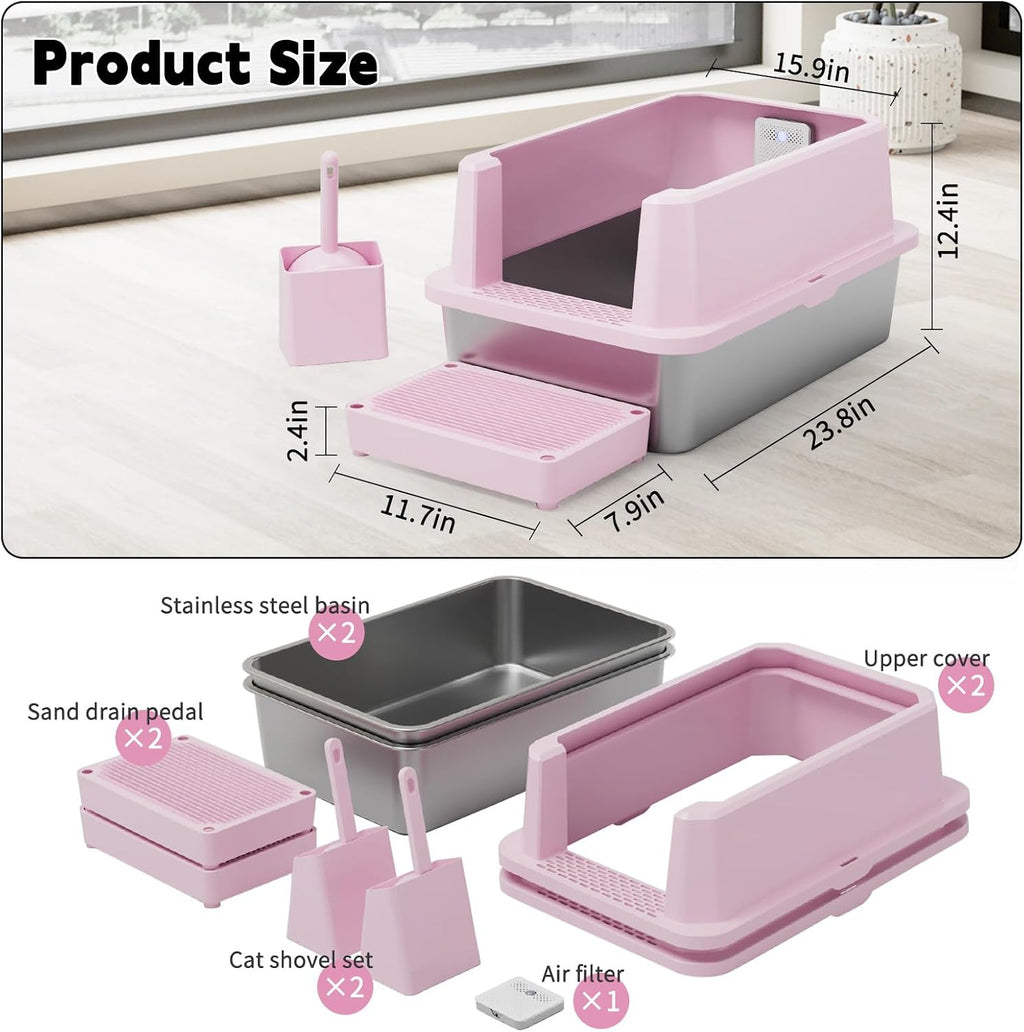 RIZZARI High-Sided Large Cat Litter Box: 2-Pack for Multi-Cat Use | 304 Steel Odor-Resistant Tray / 6.5" High Splash Guard / Dual Anti-Tracking / Built-In Deodorizer / Spacious for Large Breeds