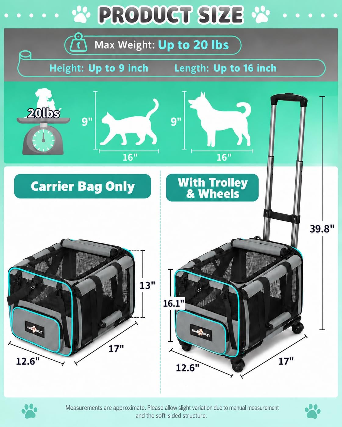 Paw Ballet Pet Carrier with Wheels, Durable Airline Approved Cat Crate, Foldable Rolling Dog Carrier, Rolling Bag for Cat &Dog, Use for Travel, Outdoor, Vet Visits, Camping, Indoor.