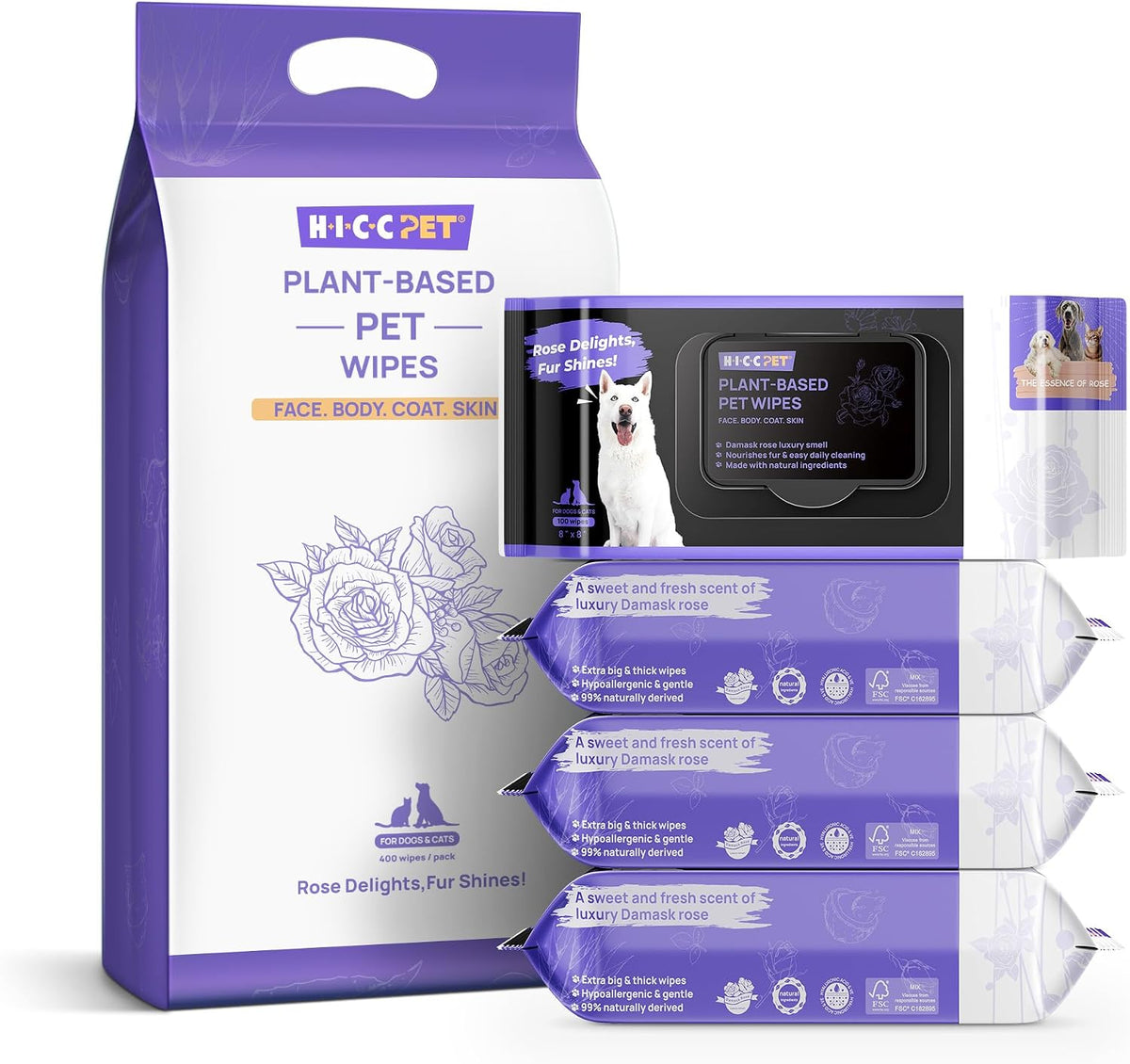HICC PET Pet Cleaning Wipes for Dogs & Cats, Paws & Coat, 400 Count | Pearl-textured, with fermented coconut oil and Damask rose, for face and rear-end cleaning after walks or between baths
