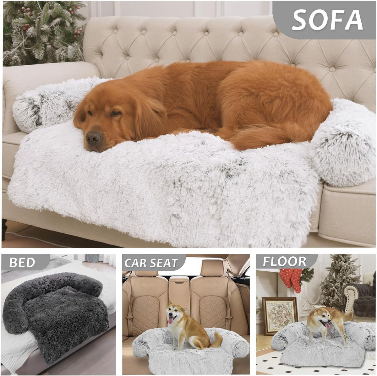 Calming Dogs/Cats Bed Mats, Dog Pad Washable Removable Couch Cover, Plush Long Fur Mat for Pets, Waterproof, Perfect for Small, Medium and Large Dogs and Cats (Light Gray, 41"x37"x 6.0")