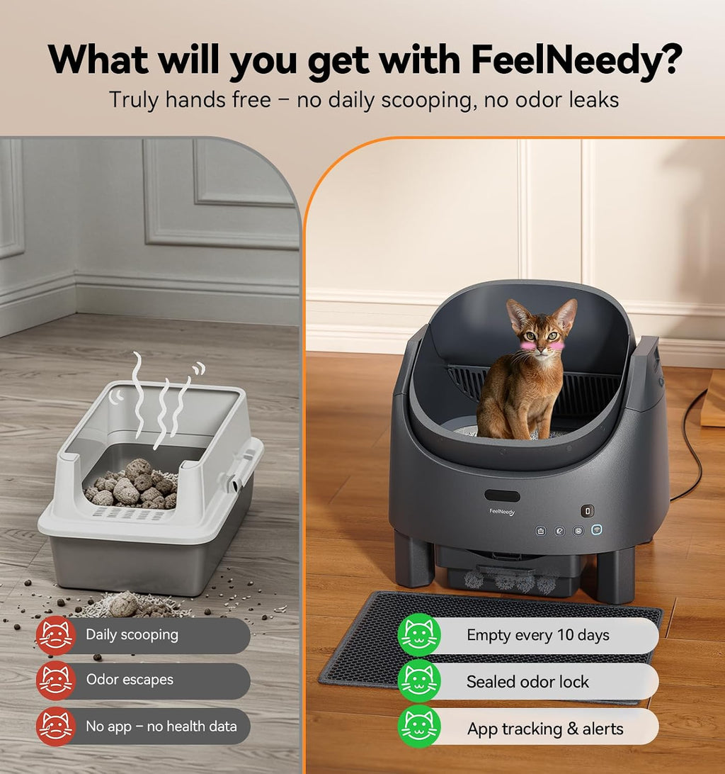 Automatic Litter Box Self Cleaning, FeelNeedy Open-Top Smart Cat Litter Box with App Control, Odor-Control Safety Sensor Design for Multiple Cats, with Waste Bags