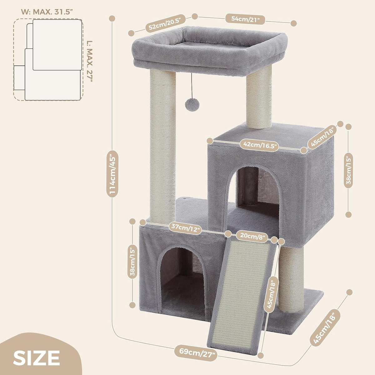 PAWZ Road Large Cat Tree, 45" Heavy Duty Cat Tower with Dual Condos, Gray