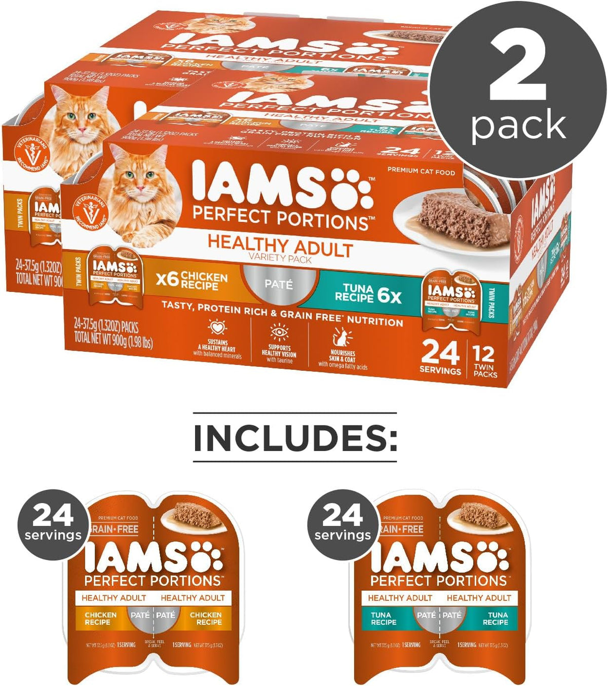 IAMS Perfect Portions Sensitive Digestion & Skin Wet Cat Food Pate, Healthy Adult Grain Free Pate, Chicken and Tuna Recipe, 2.6 oz. 12 Count (Pack of 4)