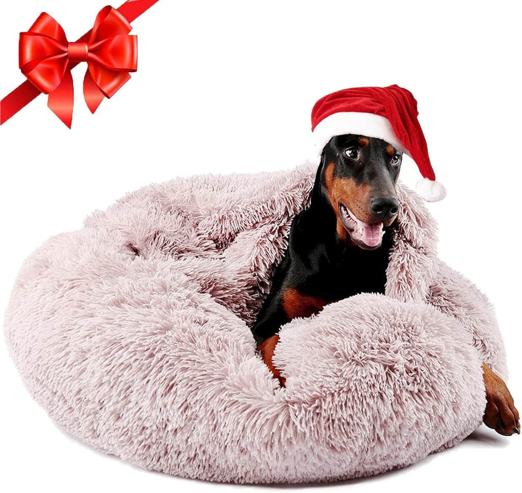 Himax 35in Covered Large Dog Bed with Blanket Attached Calming Burrow Beige