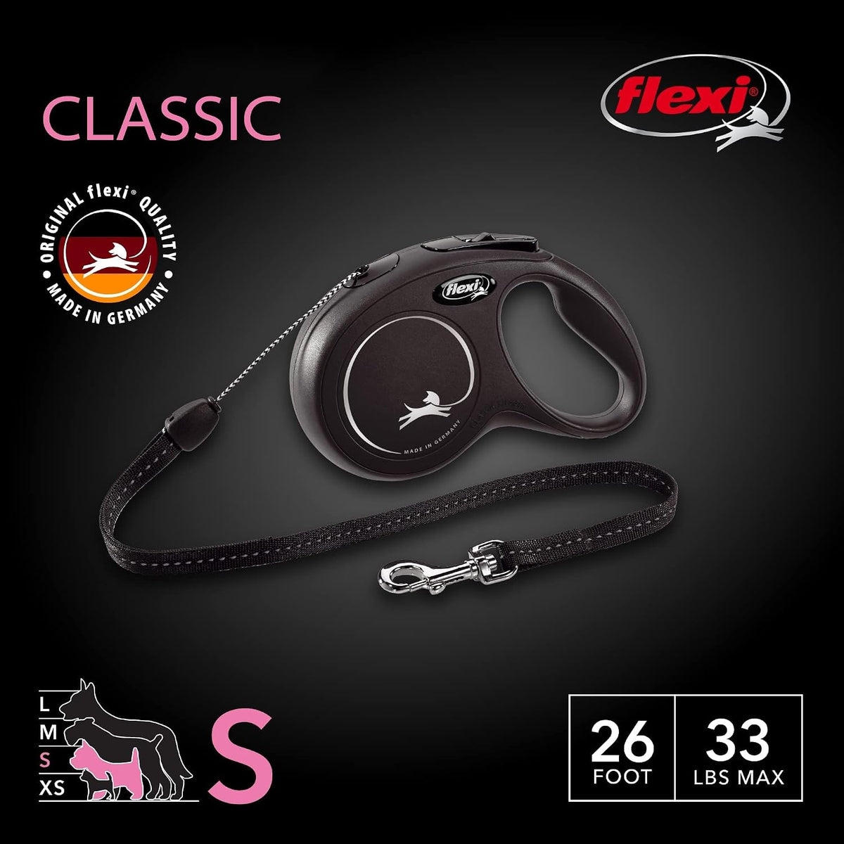 FLEXI® Classic Cord Retractable Dog Leash, Small, 26 ft - Black