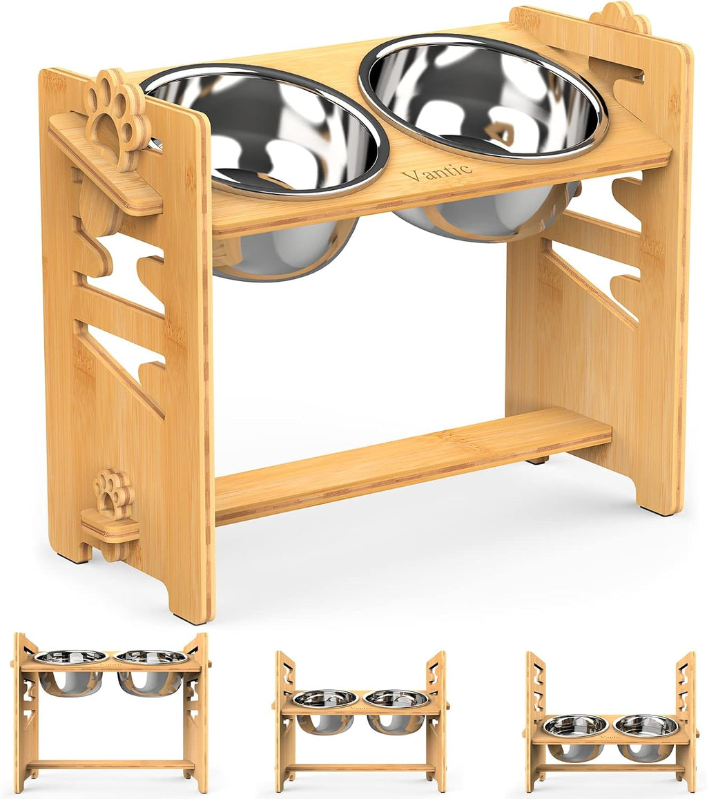 Elevated Dog Bowls, Adjustable Bowl Stand Large/XLarge, Natural | Bamboo Elevated Feeder with 2 Stainless Steel Bowls, Adjustable Height Stand for Large and Extra-Large Dogs 
