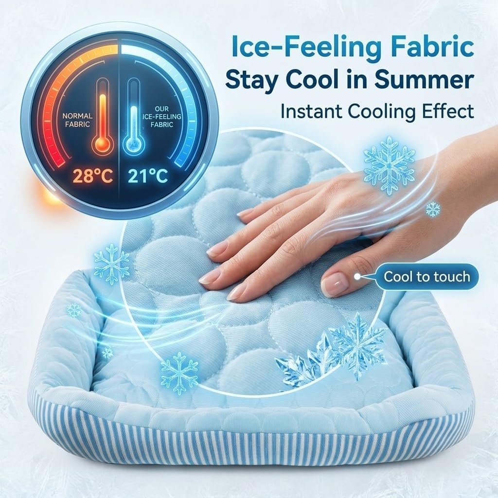Cooling Dog Bed for Large Medium Small Dogs, Breathable Dog Cooling Mat with Self Cooling Ice Silk Fabric, Washable Summer Pet Bed for Indoor Outdoor, Blue Small