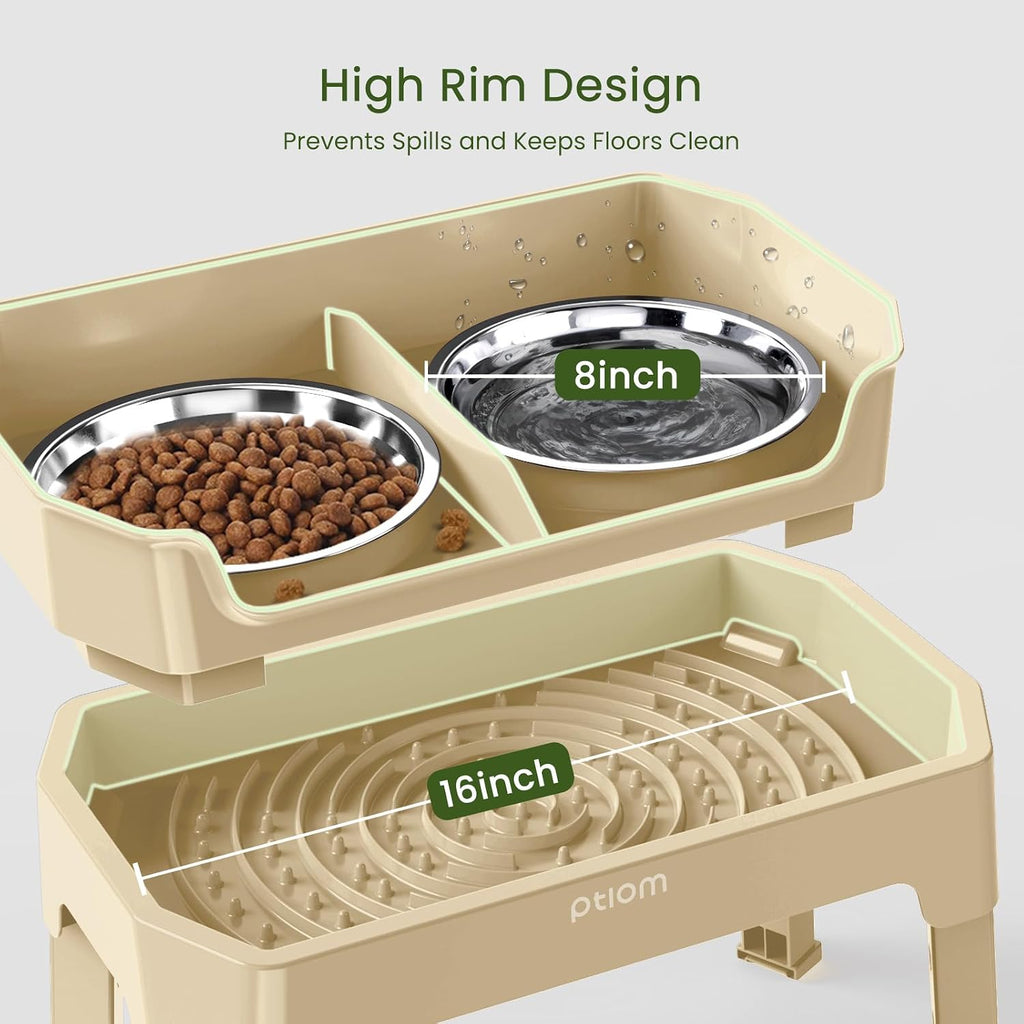 3-in-1 Elevated Dog Bowls Mess Proof Raised Slow Feeder Dog Bowls, 4 Height Adjustable Dog Bowl Stand Licking Plate with 2 56oz Stainless Steel Dog Food Bowls for Small Medium Dogs, Beige