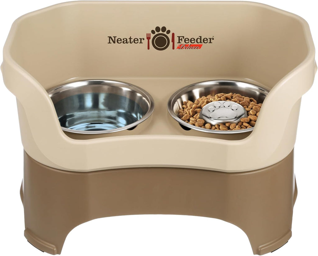 Neater Feeder Deluxe Mess Proof Dog Bowls Elevated for Large Breeds – Made in USA – No Spill Raised Slow Feeder Elevated Dog Bowl Stand, Stainless Steel Food and Water Bowl Set, Cappuccino 