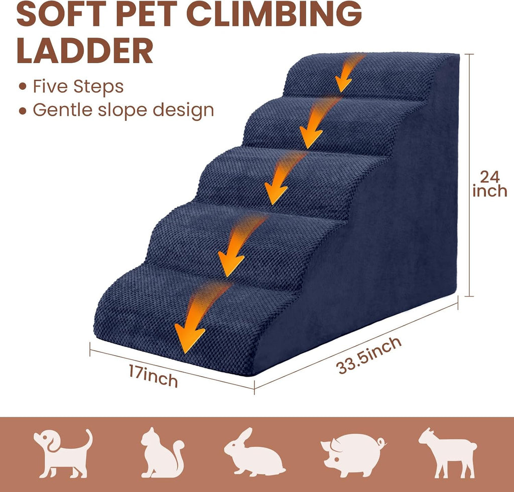 5 Steps Dog Stairs for Bed, 24" Dog Steps for High Bed, High Density Pet Steps for Small Dogs, Extra Wide Non-Slip Dogs Ramp for Injured, Older Pets, Small Cats, Navy