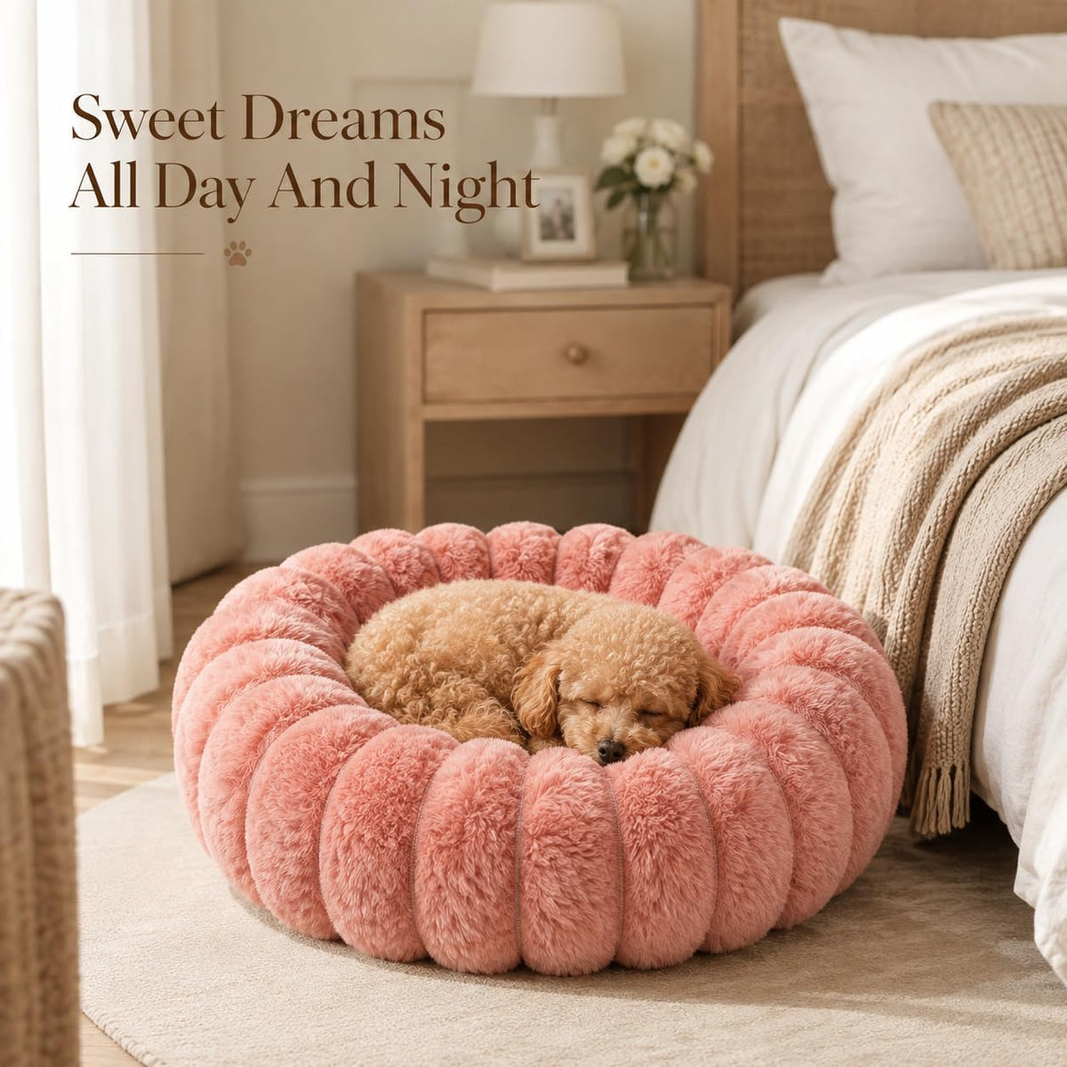 Calming Dog Bed Medium Size Dog Donut Washable Pet Bed, 31.5” Pink