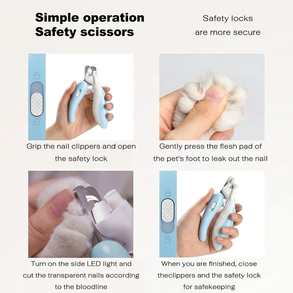 Dog & Cat Nail Clippers with LED Light, Illuminates Nails Helps See Quick, Pet Nail Trimmer with Sharp Stainless Steel Blades, Nail Catcher, Safety Lock for Dogs, Cats, Rabbits, Guinea Pigs (Blue)