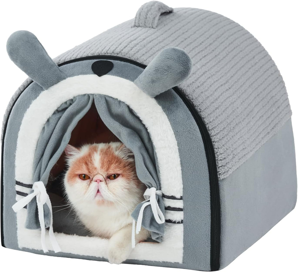Jiupety Cat Houses for Indoor Cats, Cave Bed with Door Curtain Design,Grey