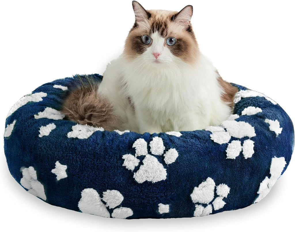 Round Cat Beds for Indoor Cats, Small Donut Dog Beds, Navy Blue, 20"