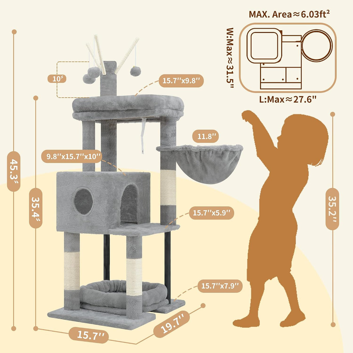 Heybly Cat Tree, 45.3" Cat Tower for Indoor Cats with Large Perch HCT202SW