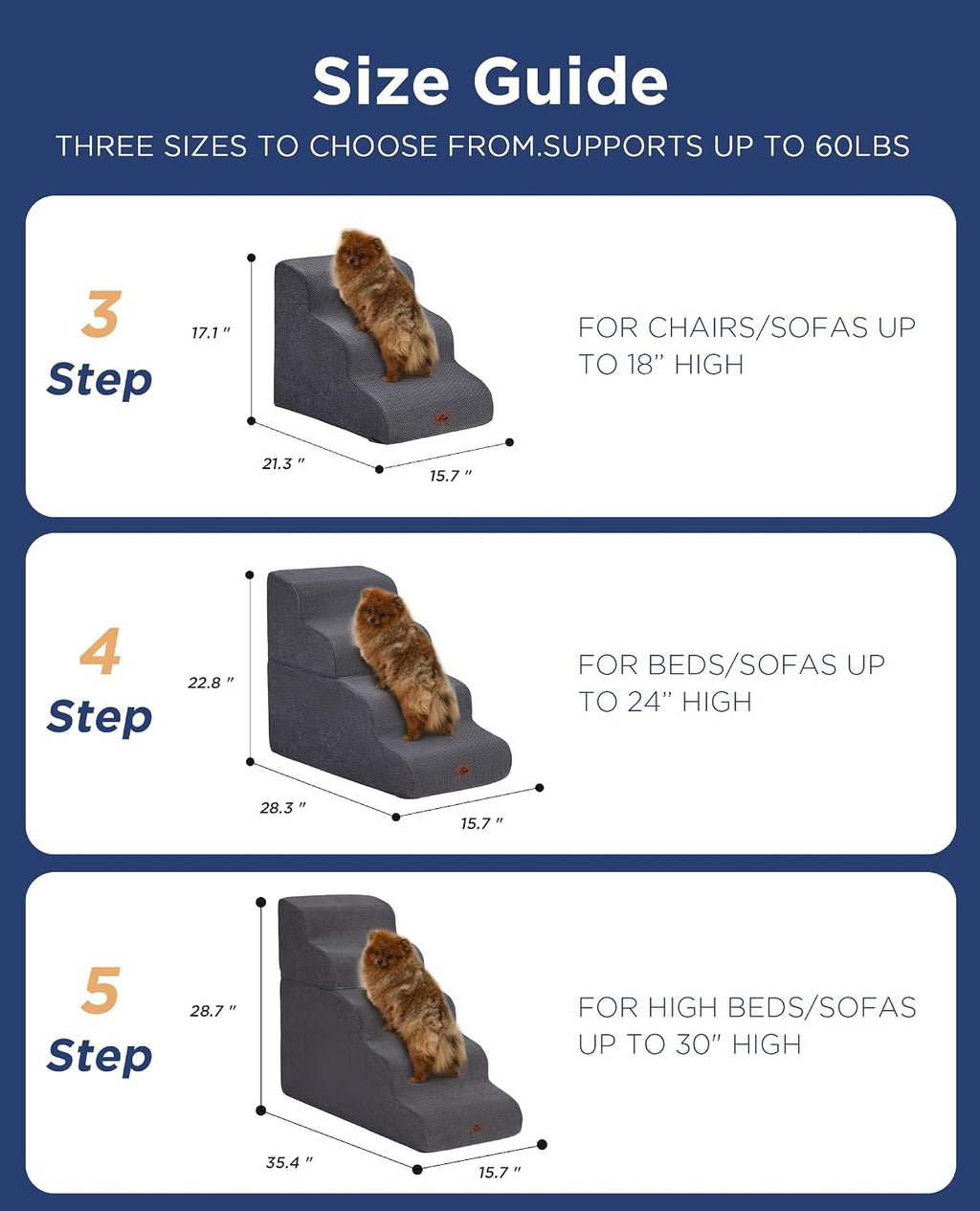 Beige Curved Dog Stairs Ramp for Small Dogs & Cats 17" H, 3-Step Dog Steps for Couch Sofa and Chair, Pet Stairs for Cats, Non-Slip Balanced Pet Steps