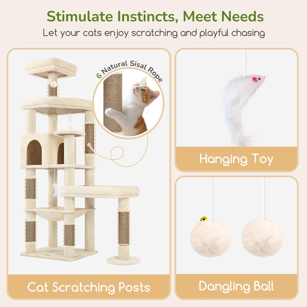 Globlazer 65in Sturdy Cat Tree Tower for Indoor Large Cats, S65, Beige