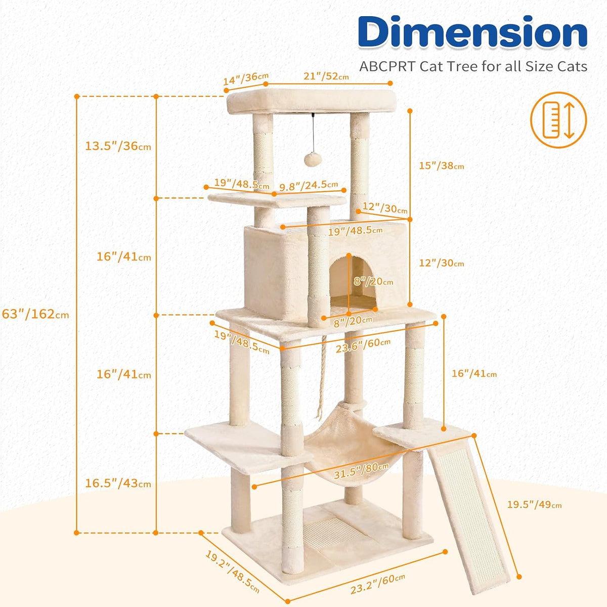 ABCPET 63" Multi-Level Cat Tree Tower for Indoor Cats, Beige