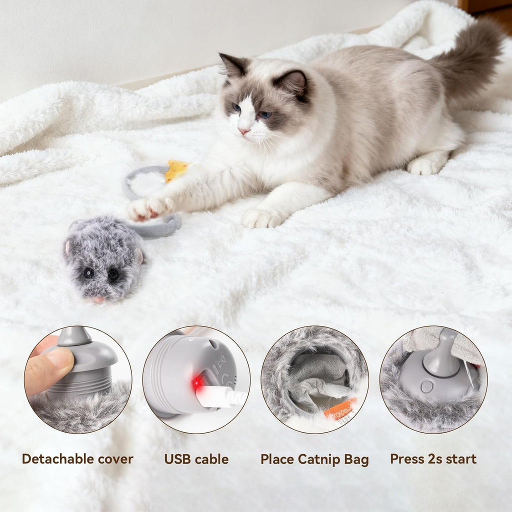 Migipaws Interactive MigiMouse Cat Toy 360° Rolling & Spin with Wiggling Tail for Indoor Cats Smart Motion Sensor, Realistic Squeak, Rechargeable Plush Kitten Toy(Grey Long)