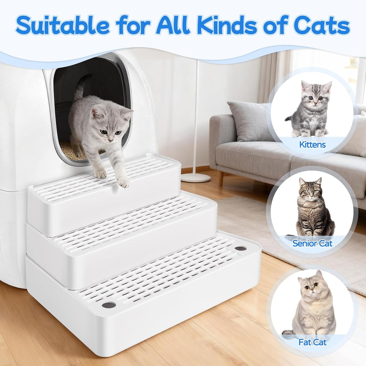 Extra Large 3 Steps Litter Box Ramp, Adjustable Cat Litter Box Step with Filter Function, Easy to Clean Cat Litter Stair Catcher for Elderly Cats and Kitten (White)