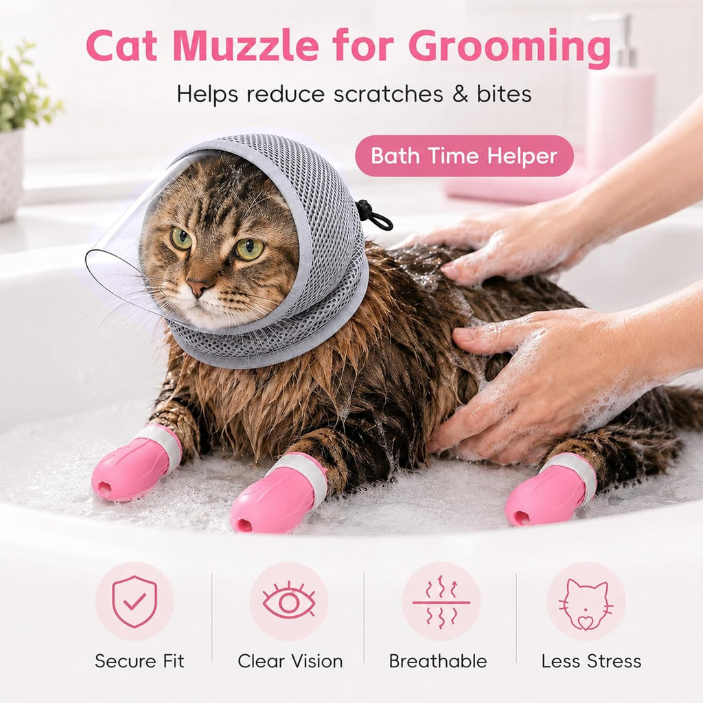 Cat Muzzle for Grooming with 4 Claw Cover, Breathable Cat Helmet for Biting