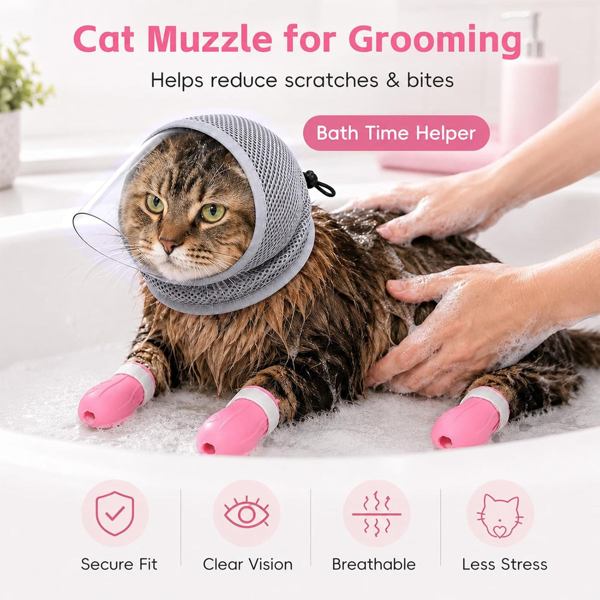 Cat Muzzle for Grooming with 4 Claw Cover, Breathable Cat Helmet for Biting