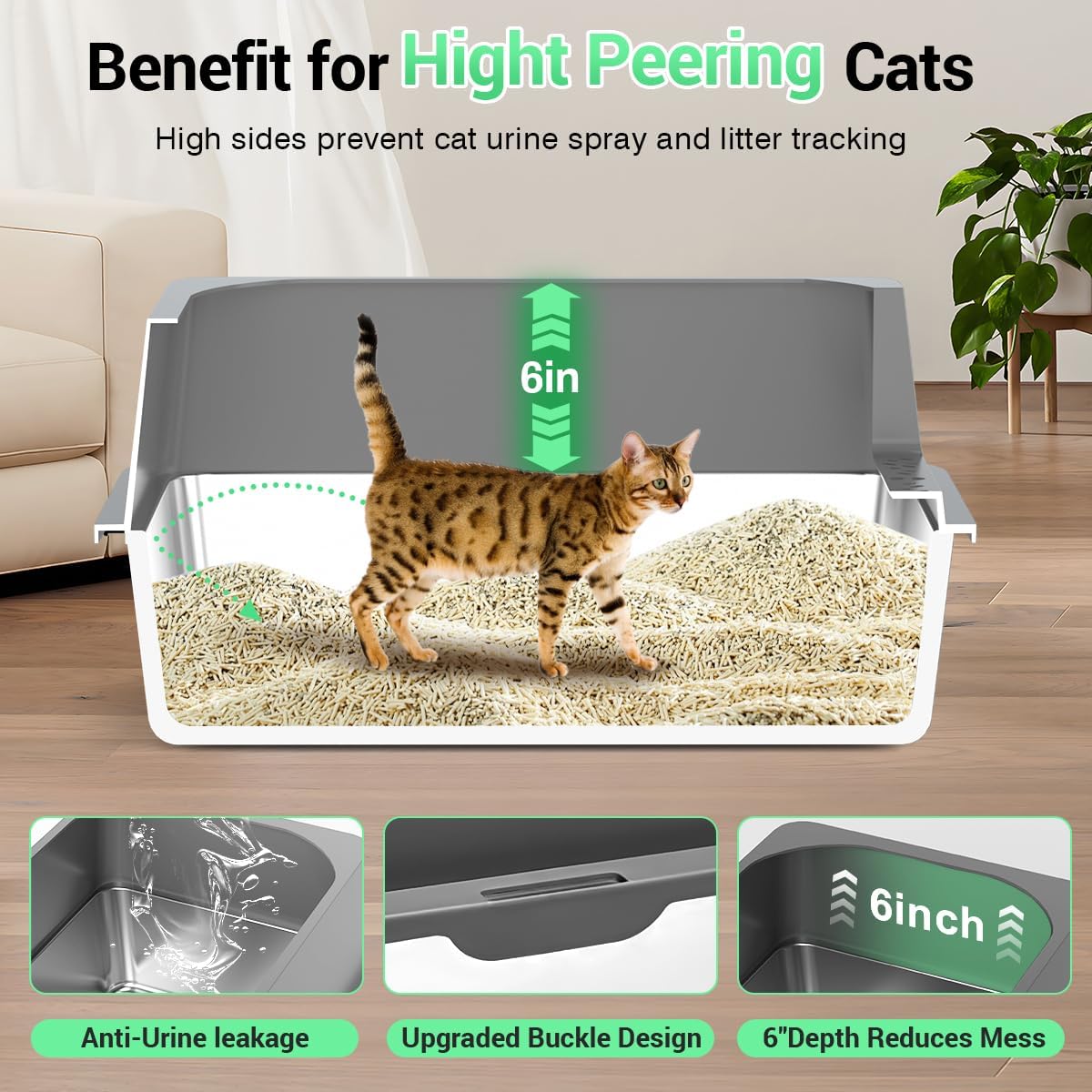 Extra Large Stainless Steel Cat Litter Box - 23.5" x 15.5" x 12" - High Sided Walls for Big Cats, Anti Urine Leakage, Odorless and Easy Cleaning - Foot Pad, Mat, Scoops & Deodorizer - XXL Litter Box