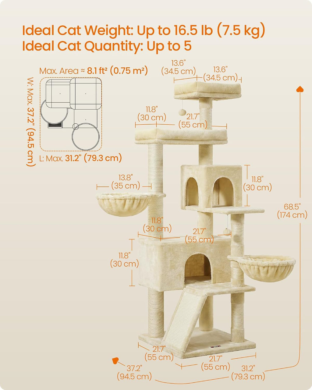 Feandrea Cat Tree, 68.5-in Tall Cat Tower, Multi-Level Condo, Beige