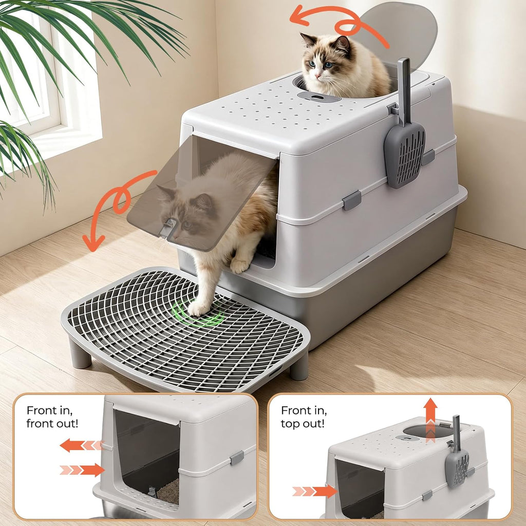 Stainless Steel XXL Cat Litter Box with 120° Lid, Enclosed Top Entry High-Sided Anti-Leak Cat Box, Dog Proof Litter Box for Multiple Cats, Includes Litter Step & Scoop